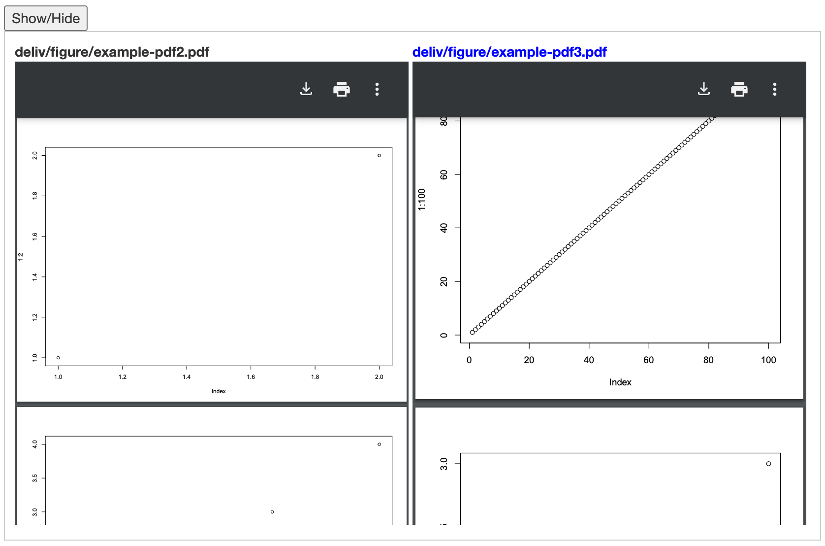 Output of compareFigures(): Left box shows the current version of deliv/figure/example-pdf2.pdf. Right box shows the current version of deliv/figure/example-pdf3.pdf. When multi-page figures are being compared, users are able to scroll through all pages in the pdf.